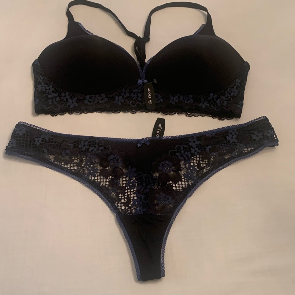 Really Pretty Blue & Black Razorback Bra & Tong Panties. 38D & XL. NWT